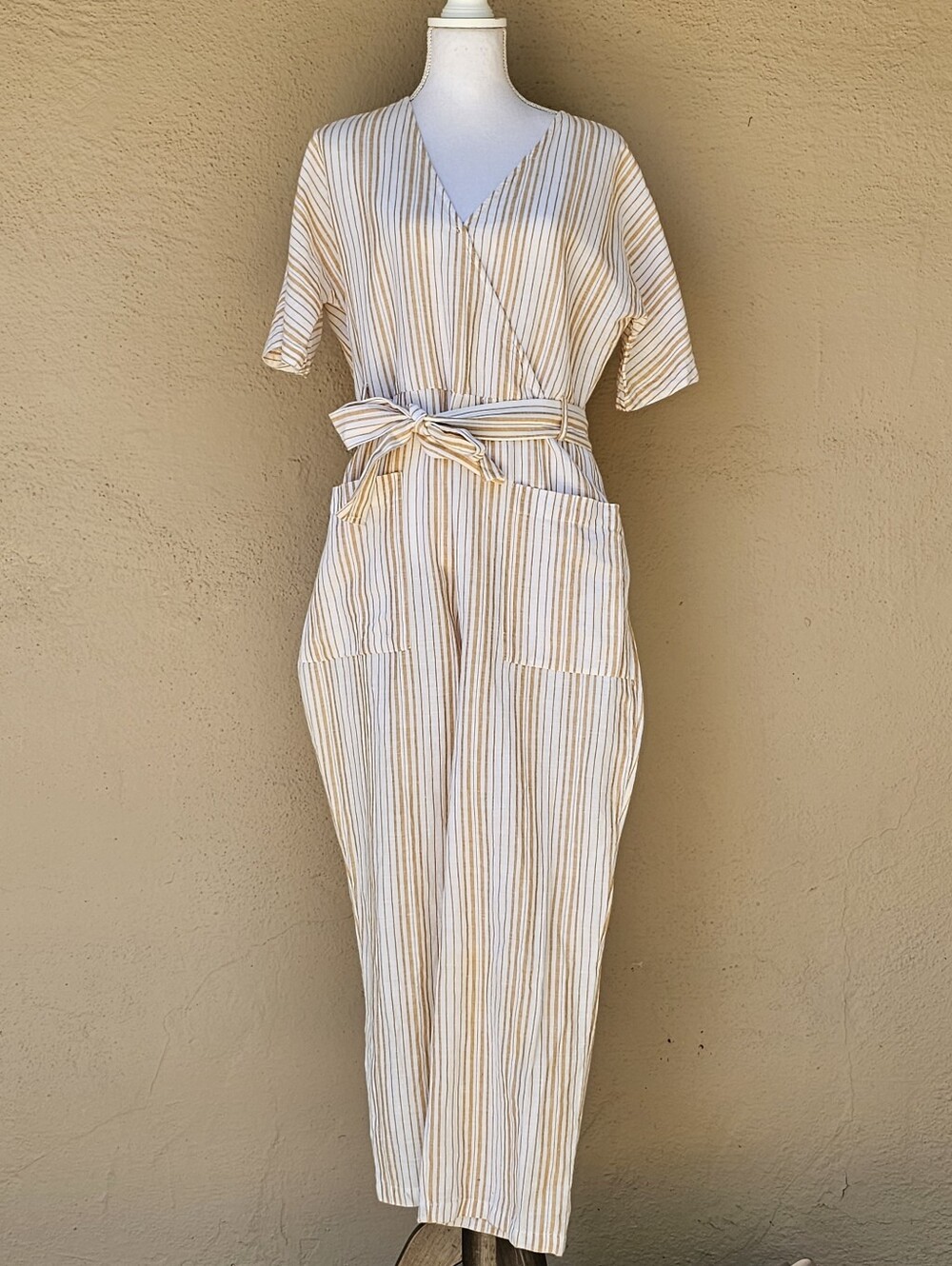 Top Shop Linen Cotton Blend Orange and Cream Striped Jumpsuit Sz 12
